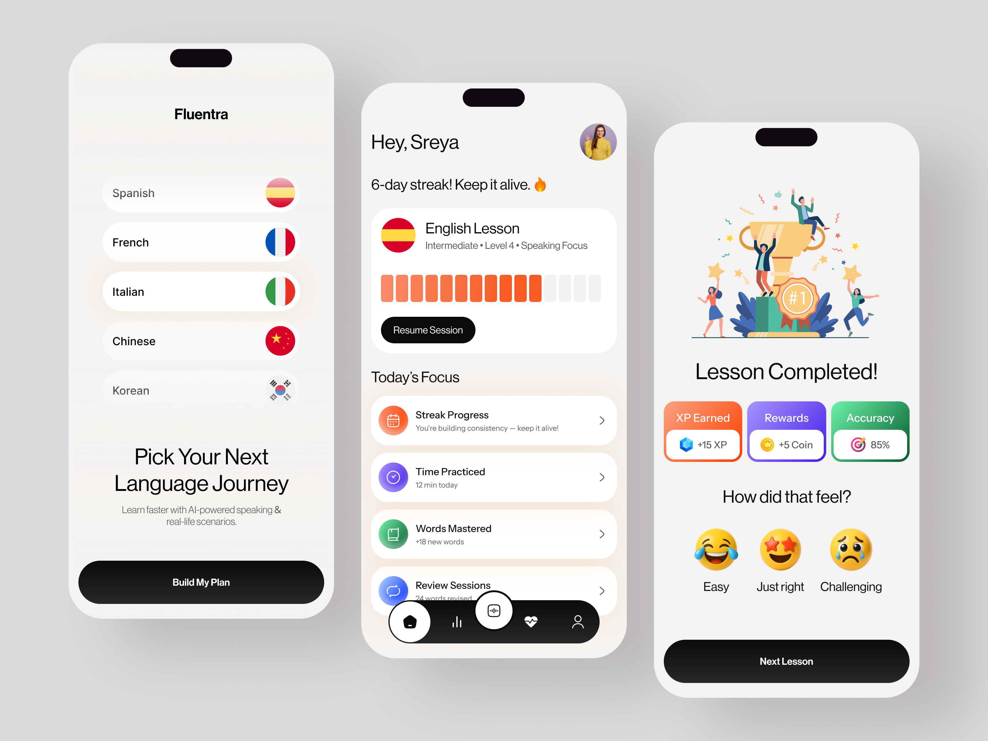 Language Learning App UI Design appdesign dailylanguage dailystreak edtech eduapp educationapp gamification languagelearning mobileapp modernui productdesign softui startupfounder userinterface