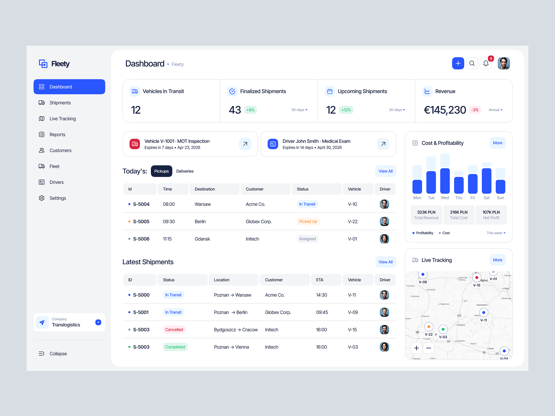 Fleety — TMS Dashboard admin panel analytics clean ui dashboard data visualization delivery fleet management logistics management system minimal productivity saas shipment tms tracking transportation ui design ux design web app