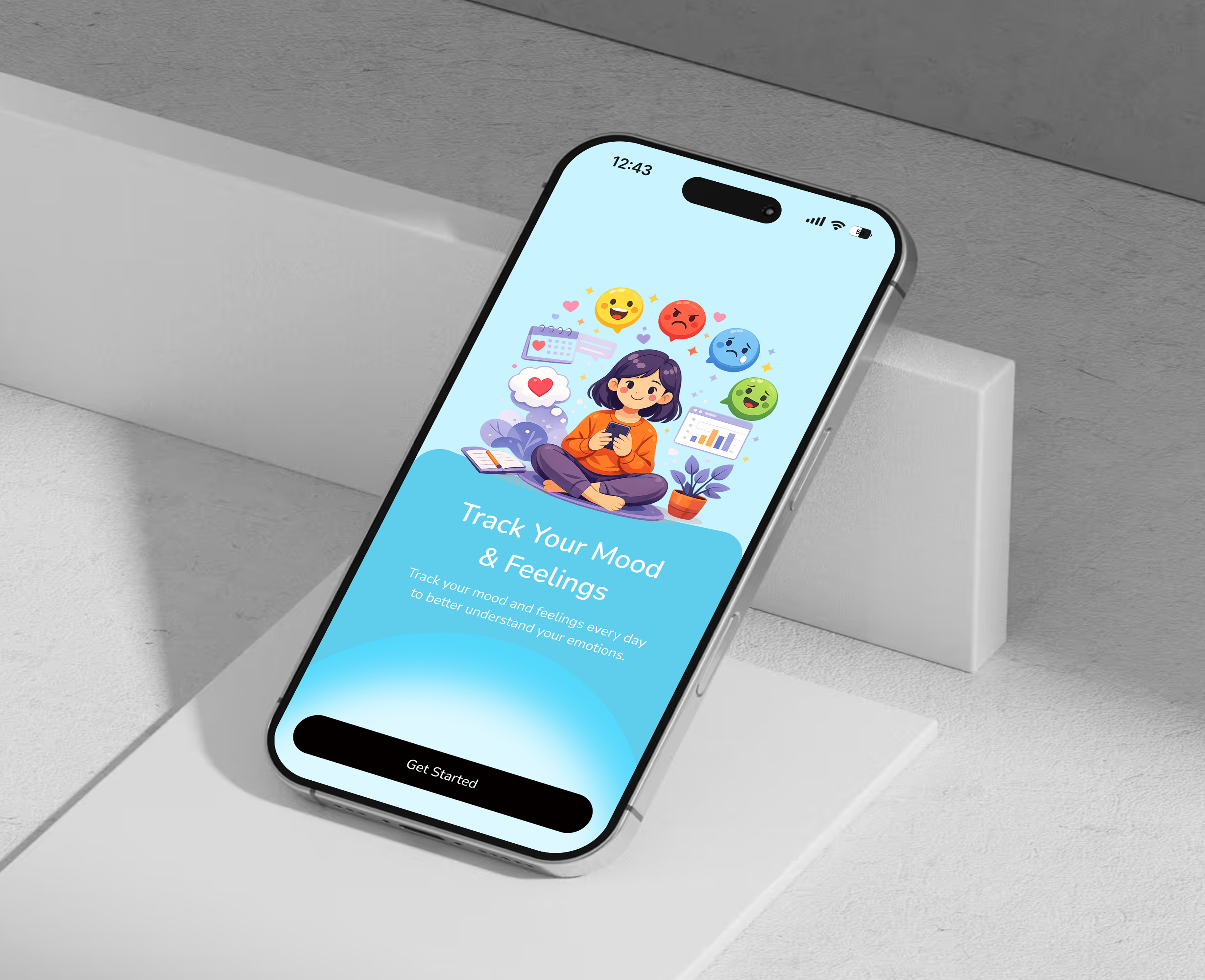 Mood Tracker Mobile App – Mental Wellness UI Design 3d analytics ui app design habit tracker app health app illustration ios app journal app mental health app mindfulness app mobile app mobile app design mobile onboarding ui mobile ui mood tracker mood tracker app product design self care app ui ux
