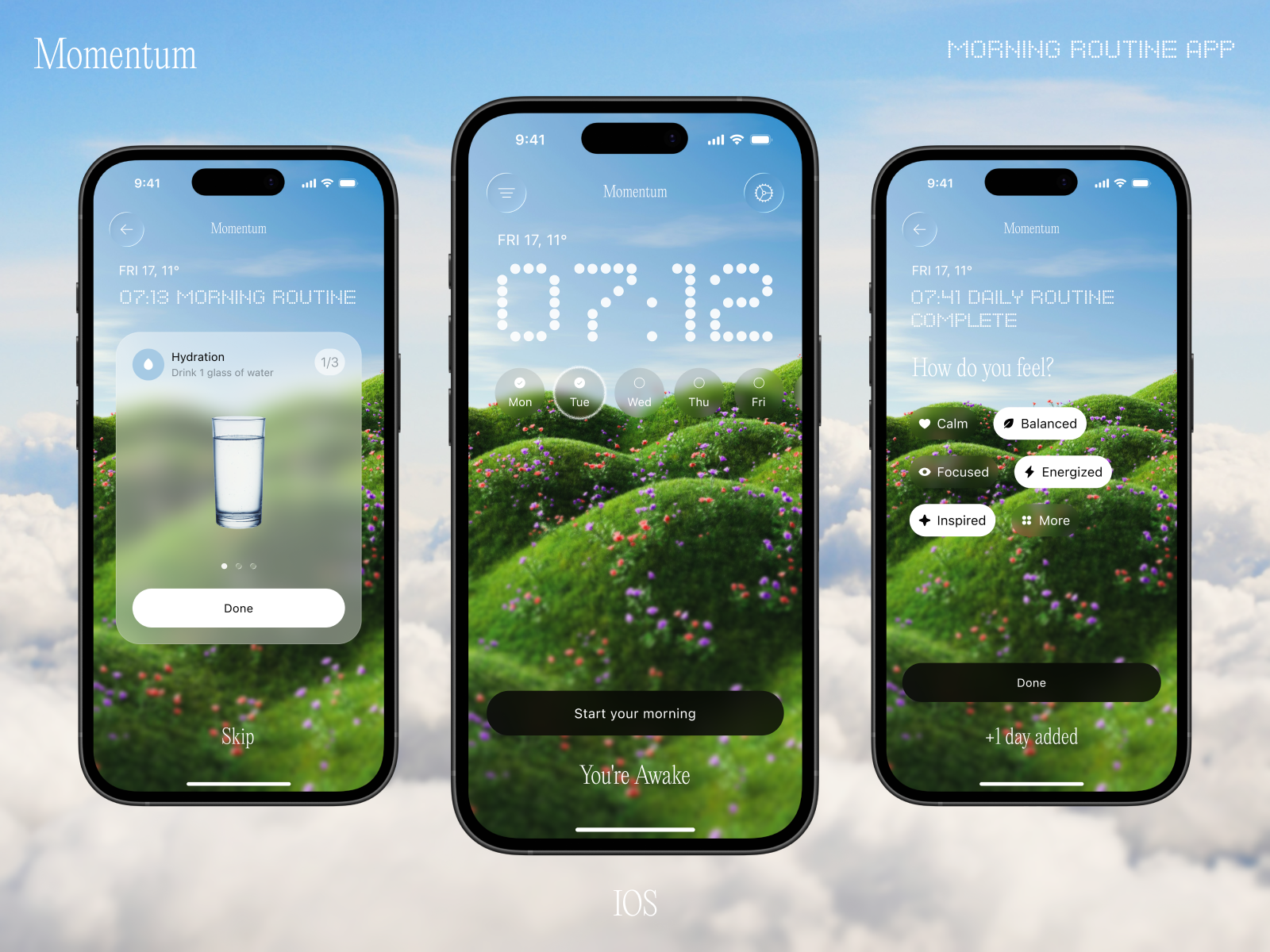 ⚡️ Momentum — Morning Routine App aesthetic calmtech digitalwellbeing habitapp ios iosdesign lifestyle liquidglass mindful mobileapp productivity ritual selfcare streak ui ux wellness