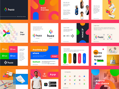 Huzz Brand Style Guide. appicon brand brandbook brandguide branding colorpalette colorversion design designsystem document graphic design guidelines iconography identity illustration layout logo styleguide typography visualidentity