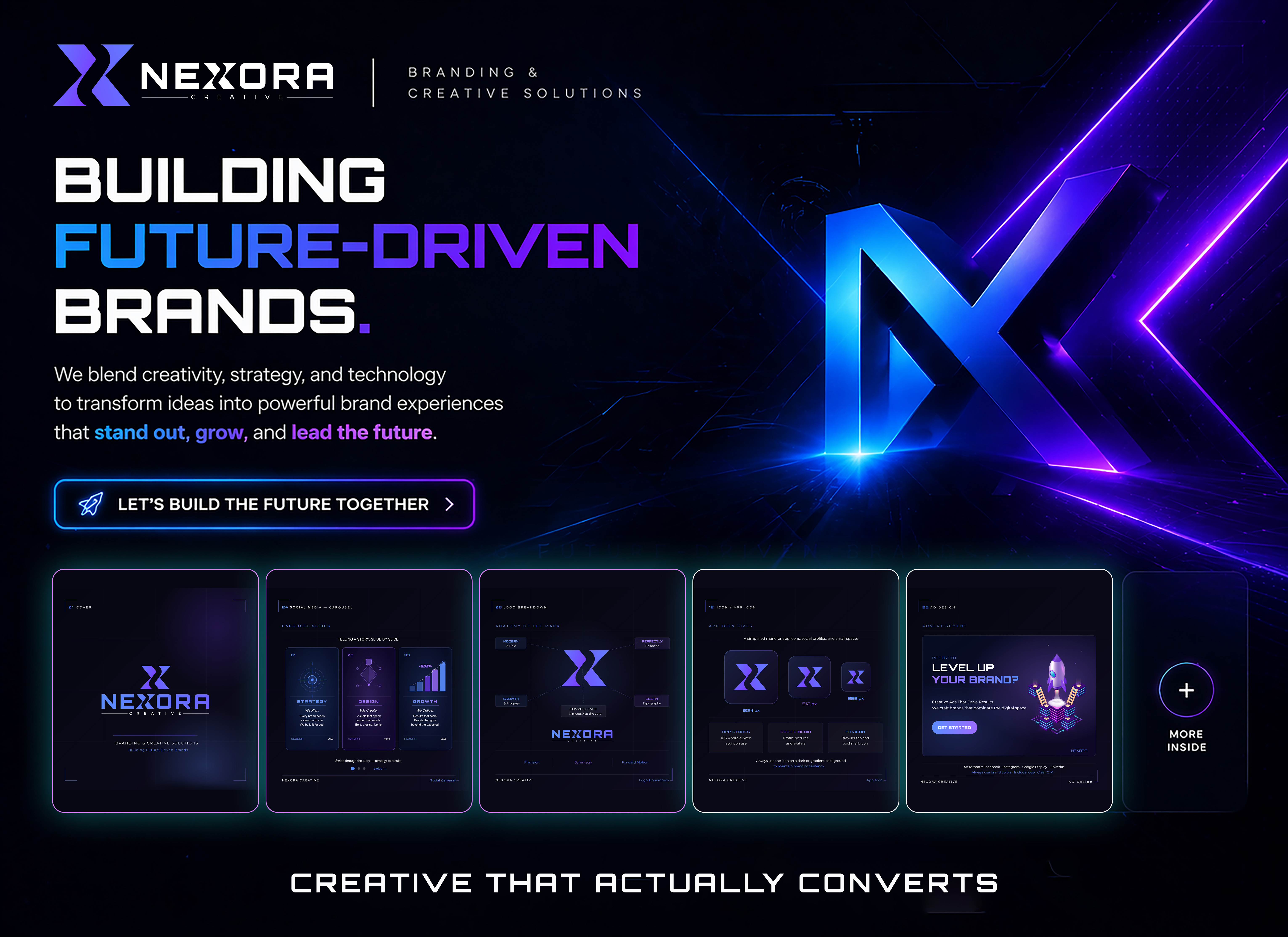 Nexora — Future-Driven Brand Identity & Creative System brand identity branding case study creative agency dark theme futuristic futuristic design gradient graphic design logo logo design minimal modern neon tech tech branding typography ui ui design visual identity