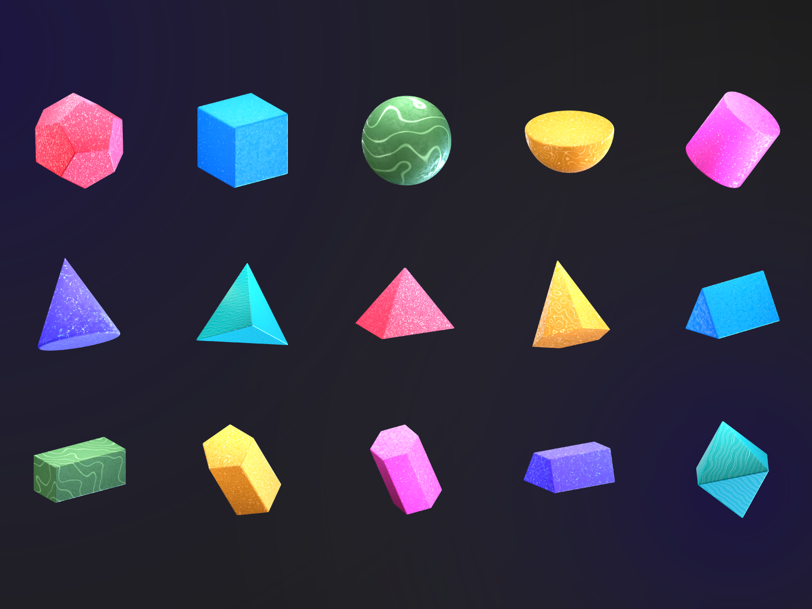 3D Geometry Textured Color Icon Set