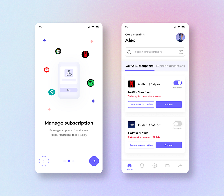 Subscription management app by Neha Bhore on Dribbble