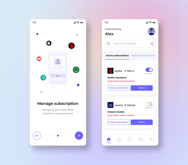 Subscription management app by Neha Bhore on Dribbble