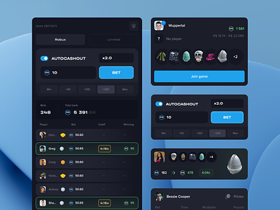 Roblox Crypto Casino - UI Elements bet slip bets betting panel blockchain cashout casino crash crypto gambling game gaming inventory list roblox robux roulette steam ui components ui elements user info