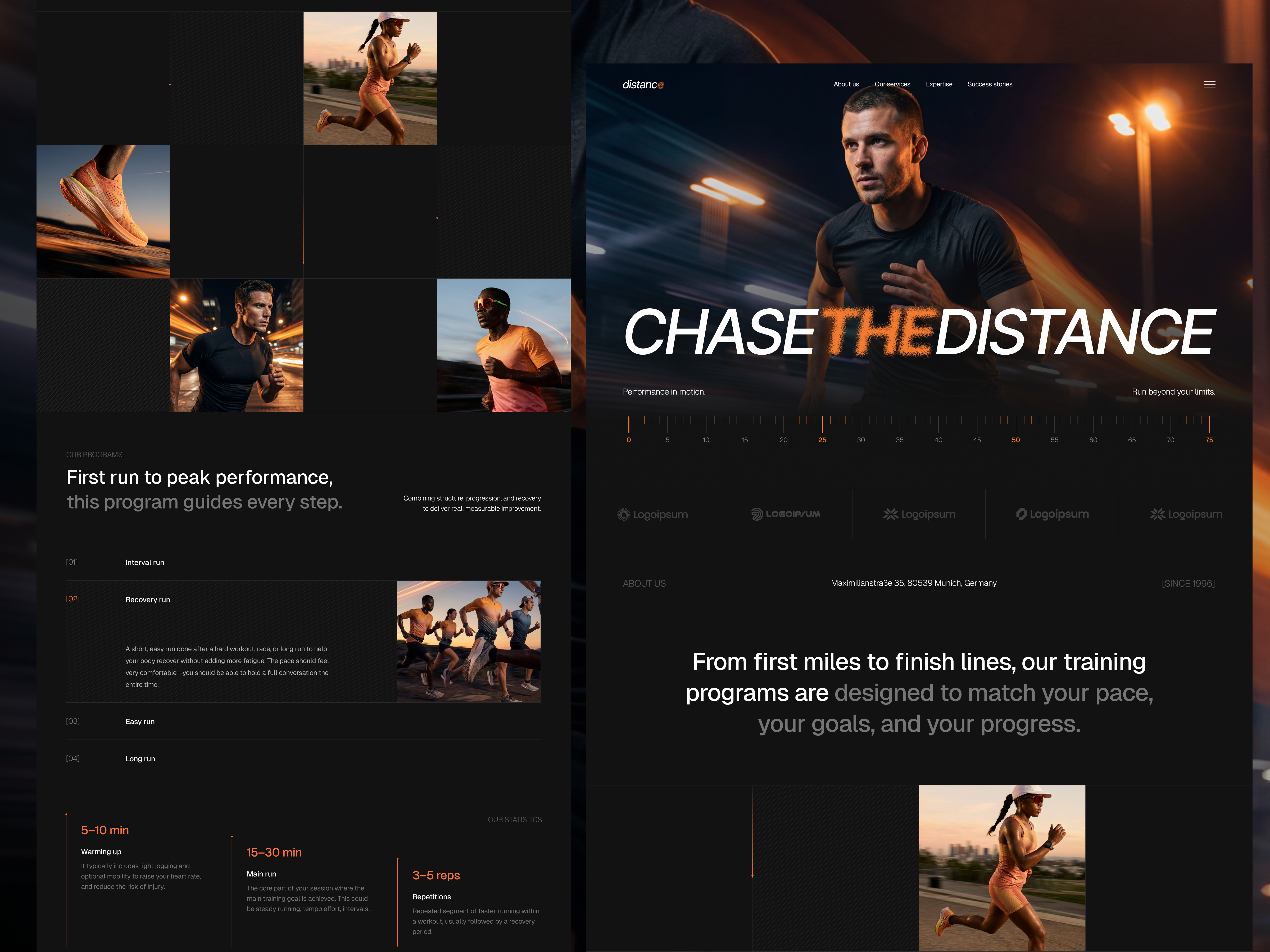 Distance - Running Landing Page clean dark mode landing page landing page design running running app running app landing page running app website running community running website ui uiux uiux design ux web design website website design