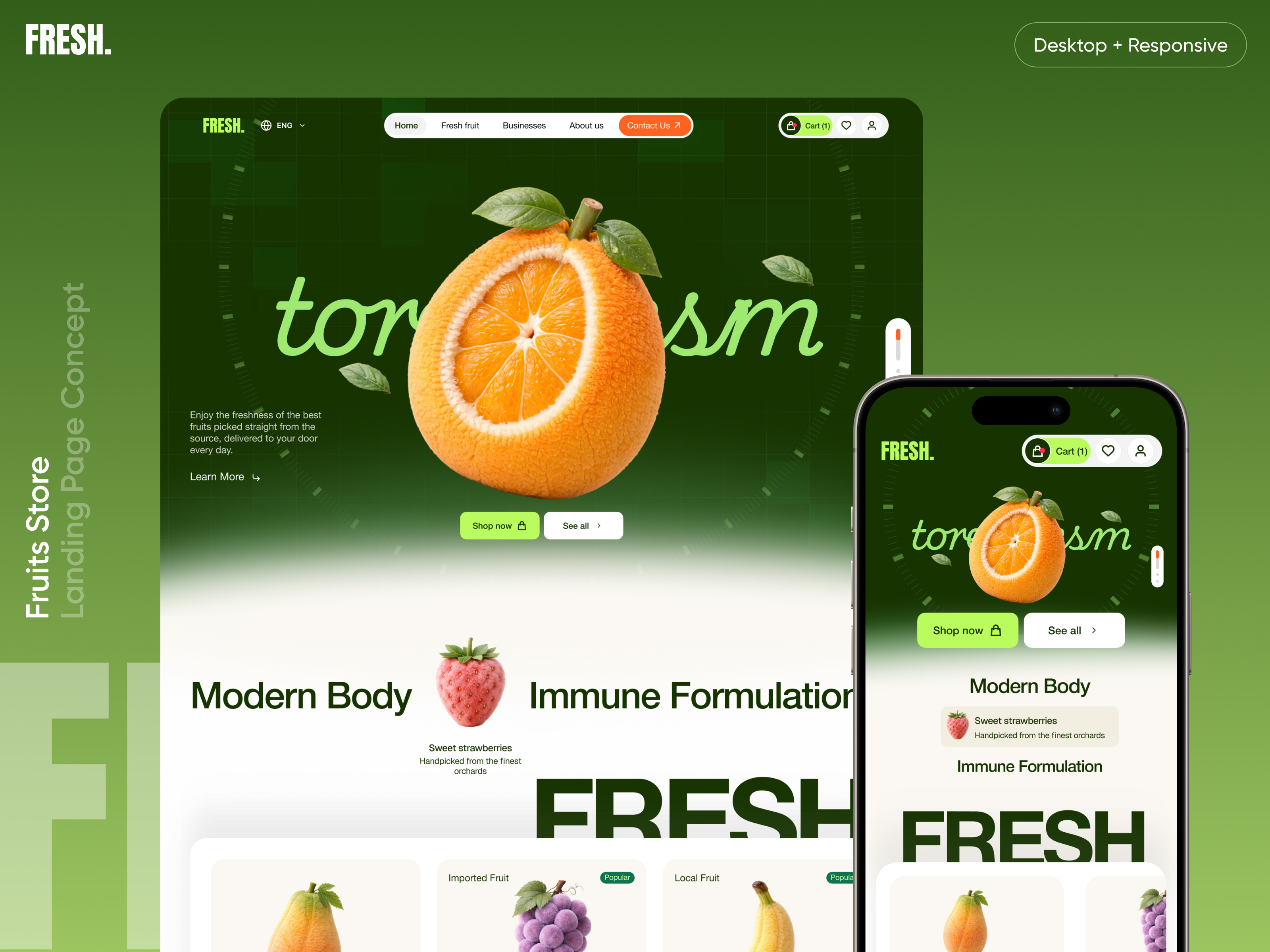 Fresh - Modern Fruit Store eCommerce Concept branding design drink ecommerce elementor food framer fruit healthy landing online page shop store ui vitamin webflow website wordpress