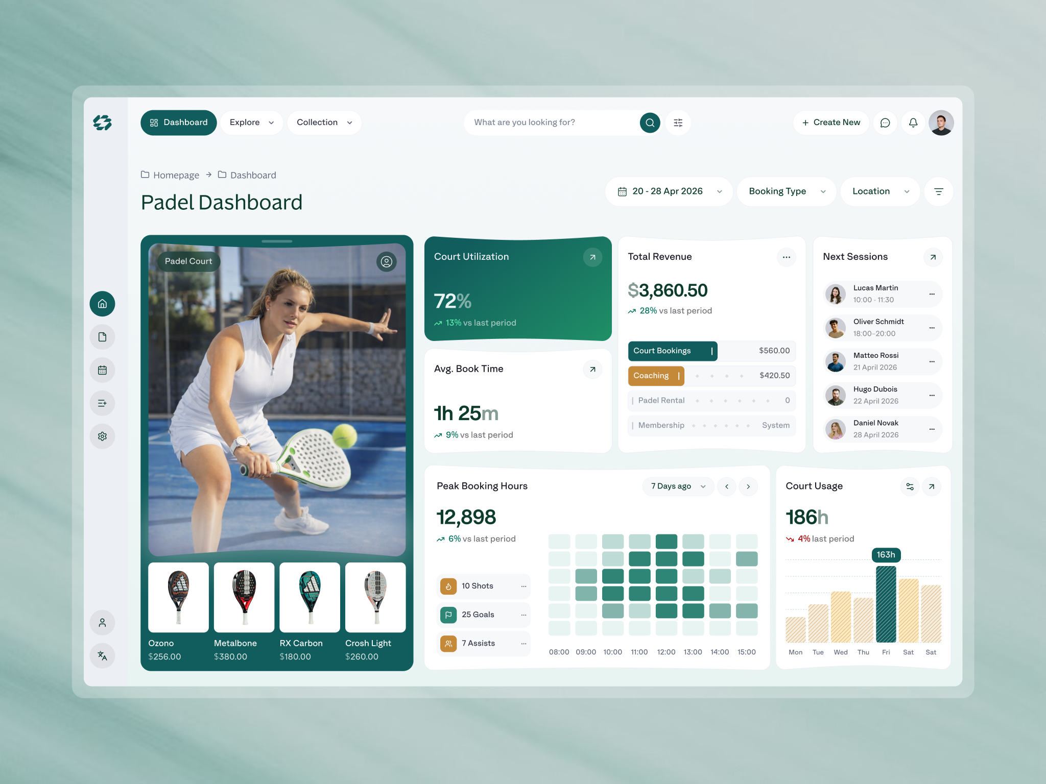 Aureo Court - Dashboard Padel Sport analyticsdashboard clean courtbooking dashboard dashboardui design emura studio fitnessapp modernui padel saas saasdesign sportsapp sportstech ui uidesign ux uxdesign web design webappdesign