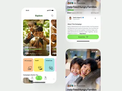 Donation App Campaign Explore and Details UI app design campaign details campaign explore card ui charity platform clean interface donation app donation flow explore screen fundraising ui ios app ui mobile app ui modern mobile ui nonprofit app product design progress tracking social good ui ux design user engagement