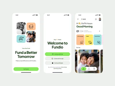 Donation App Onboarding and Home Experience UI app design campaign explore campaign listing charity platform donation app fundraising app home screen ui ios app ui minimal ui mobile app ui modern mobile ui nonprofit app onboarding ui product design social good app ui ux design user flow user onboarding welcome screen
