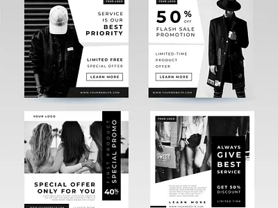 Fashion Promotional Social Media Templates advertisement banner black and white branding discount editable fashion flyer graphic layout marketing minimalist model promo promotion sale social media square template streetwear template
