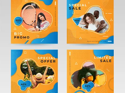 Colorful Social Media Promo Square Templates advertisement badge banner blue design discount female layout lifestyle marketing offer orange people promo sale social special square template woman