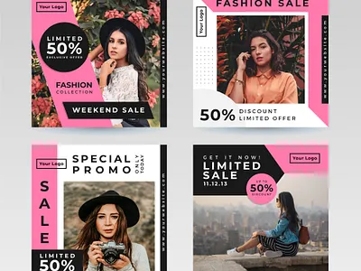 Fashion Sale Social Media Templates Set 50 advertising banner black design discount fashion female layout marketing model pink portrait promo promotion sale social media template weekend woman