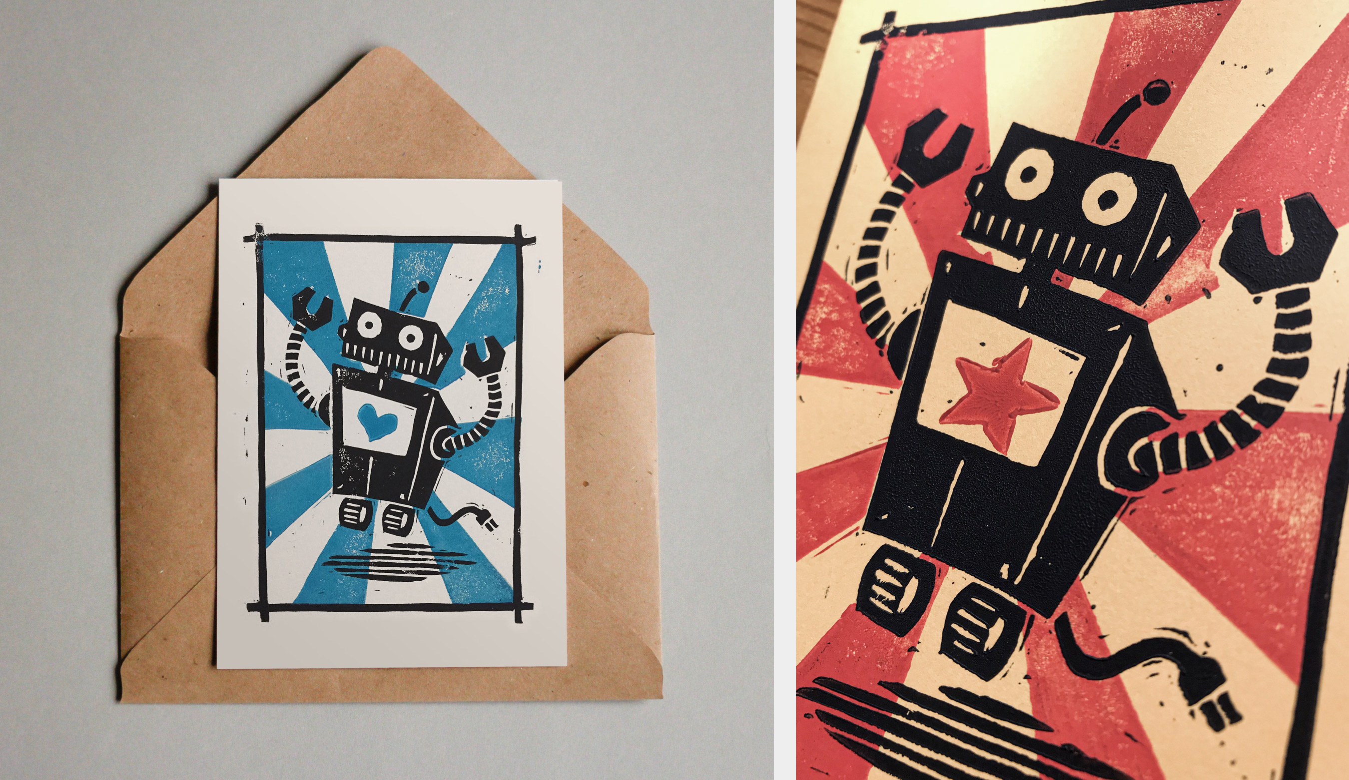 Unplugged character design cute disconnect greeting card handmade illustration ink linocut offline printing retro robot robotic robots unplug unplugged vintage