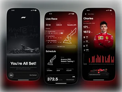 Formula 1 Racing Live Companion App app design automotive app ui dashboard data visualization ui driver profile dashboard formula1 high contrast ui live live score app ui minimalist design mobile app mobile app ui product design racing car racing ui dashboard saas sports app design sports car sports live watch visual design