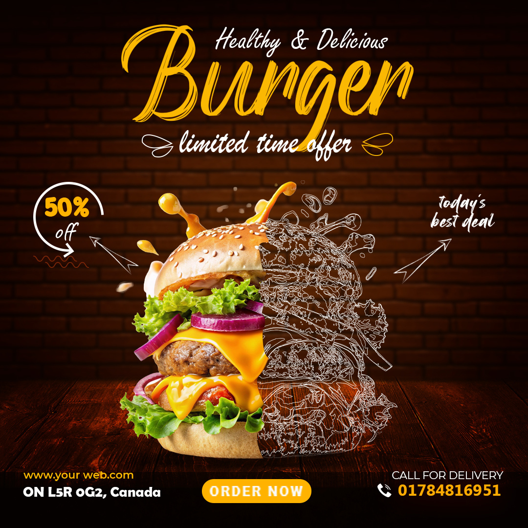 Healthy & Delicious Burger Ad | Food Social Media Design advertisement branding burgerad canvadesign cleanlayout creativead design digitalmarketing discountoffer fastfooddesign fooddesign foodpromotion graphic design graphicdesign illustration instagramdesign posterdesign restaurantdesign socialmediapost typography