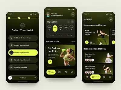Health & Fitness App UI app redesign design figma design fitness fitness app redesign habit tracker app redesign health app redesign healthy lifestyle meditation app redesign mobile design product design productivity app redesign redesign routine tracker self improvement ui wellness app redesign workout app redesign