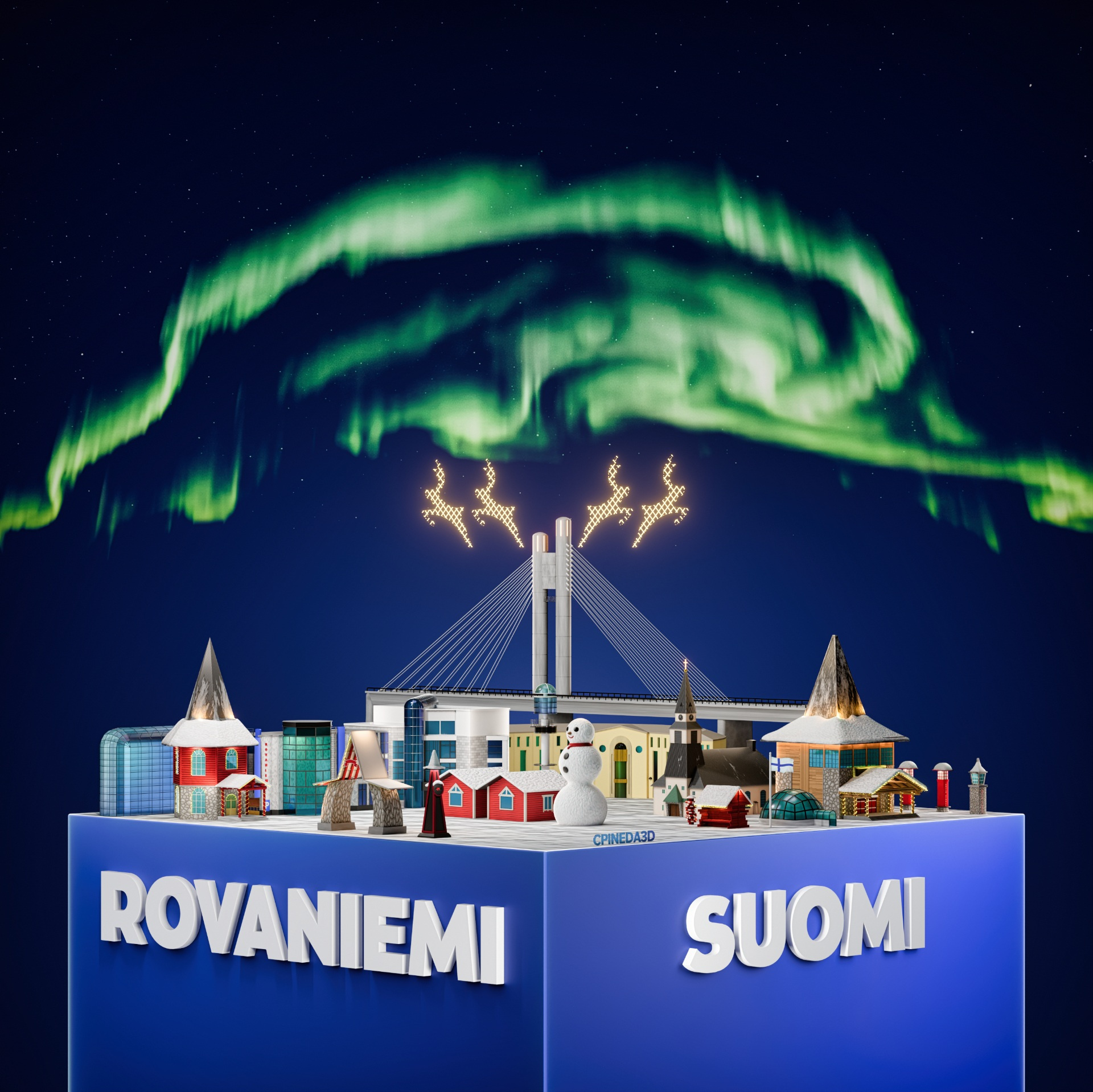 Rovaniemi, Finland - 3D Diorama 3d 3d art architectural blender blue bridge building cartoon christmas church design europe finland illustration snowman town winter