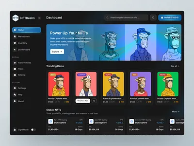 Dark Mode - NFT Staking & Trading Dashboard UI/UX blockchain app crypto app crypto dashboard crypto website dark dashboard dark mode ui dark ui design dasd defi dashboard digital assets nft dashboard nft marketplace nft platform nft staking nft trading nft website web3 app web3 dashboard web3 design web3 website