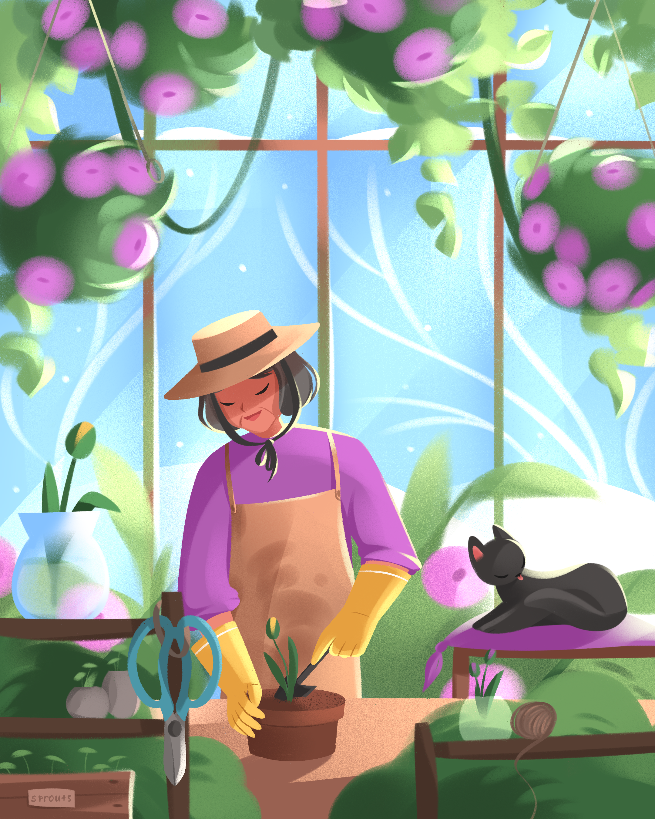 Where Spring Begins.Gardening cat character design children art children book children book illustration childrens book childrens illustration flowers gardening greenhouse illustration kidlit kidlitart kids illustration picture book spring winter