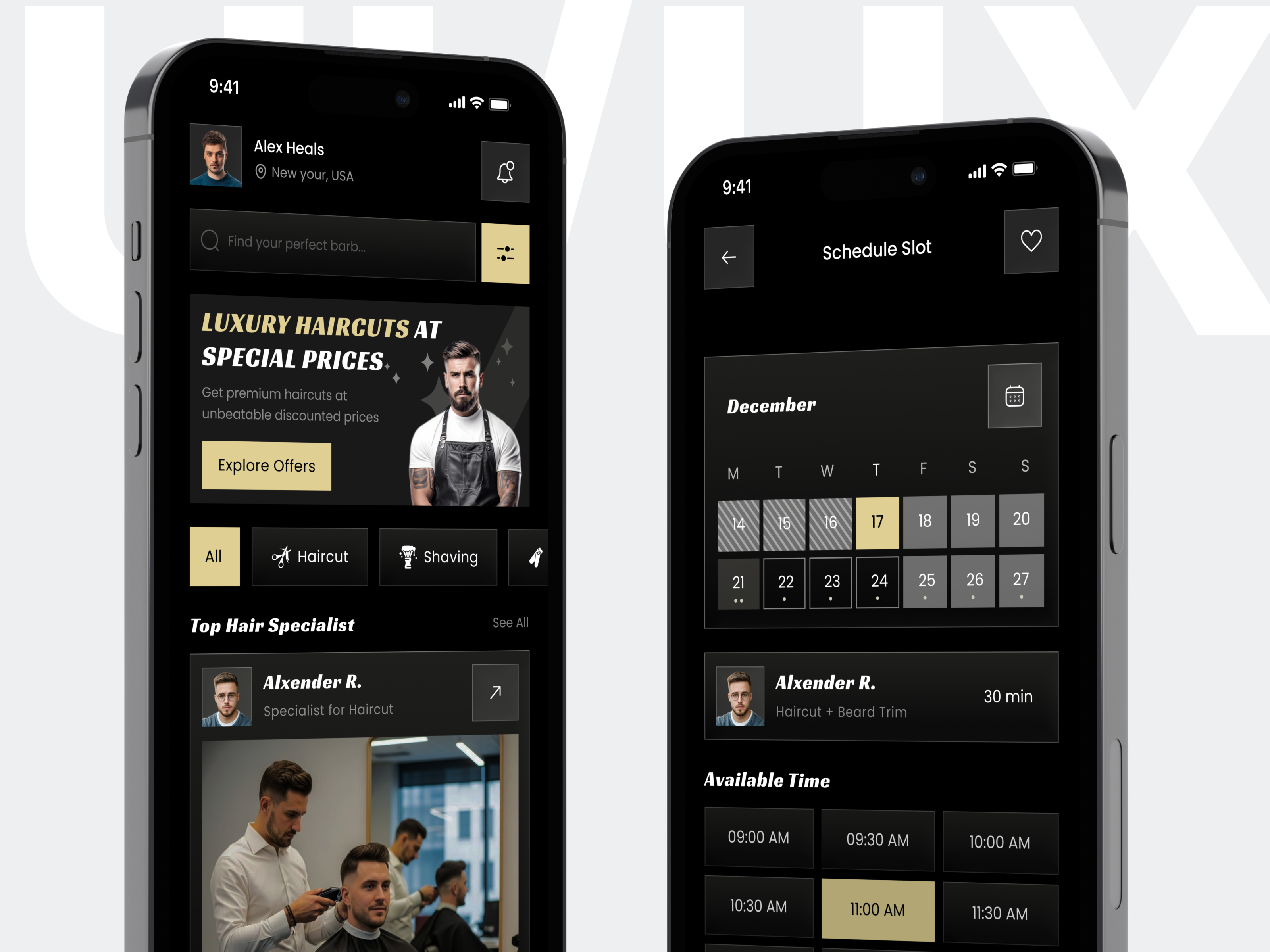 Barber Booking App Design app concept appointment booking barber app barber booking barbershop app booking app dark mode ui dark theme figma design grooming app haircut app luxury ui mobile modern ui service booking startup app