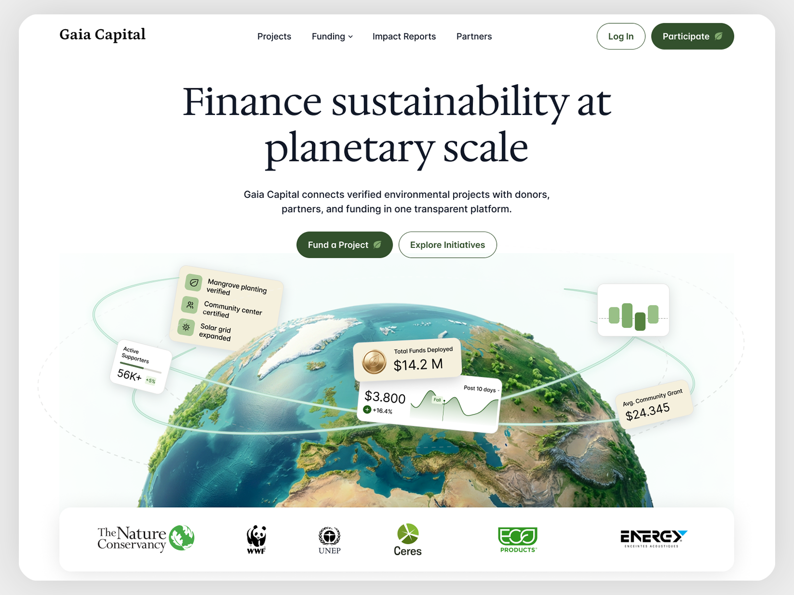 A premium landing page concept for a climate finance platform branding climate dribbble figma fintech impactdesign landingpage productdesign saas startup uiux webdesign
