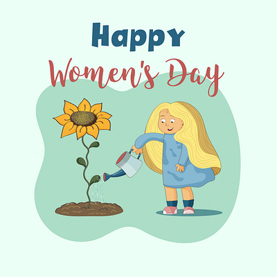 happy women's day cartoon cute flat style gardening girl girl with a watering can graphic design greeting card hand drawing hobby illustration march 8th spring sunflower vector watering can womens day