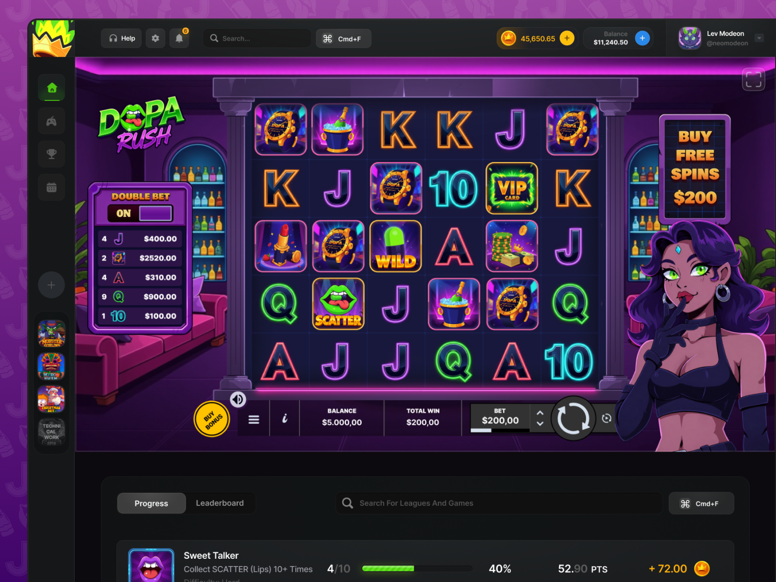 Slot Game UI/UX Design | DOPA Rush casino dark interface dark ui digital product game design game interface game ui gaming interface luxury neon night club product design slot slot game slot machine slot ui ui design ux design vip