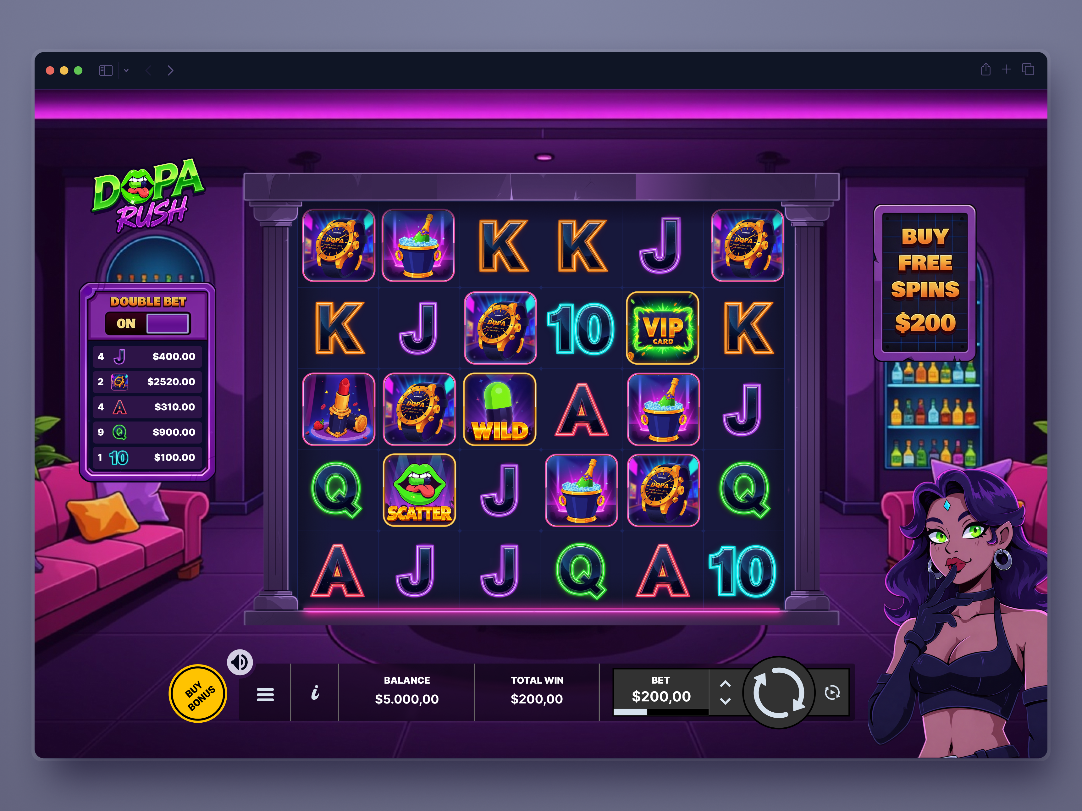 Slot Game UI/UX Design | DOPA Rush casino dark interface dark ui digital product game design game interface game ui gaming interface luxury neon night club product design slot slot game slot machine slot ui ui design ux design vip