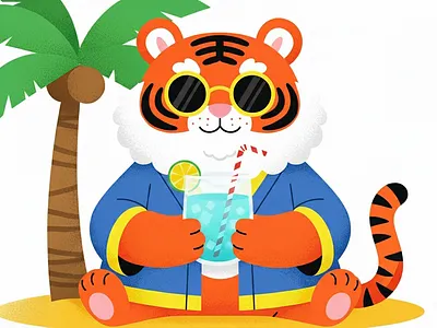 Summer tropical style tiger illustration 2 environment illustration landscape illustration summer tiger