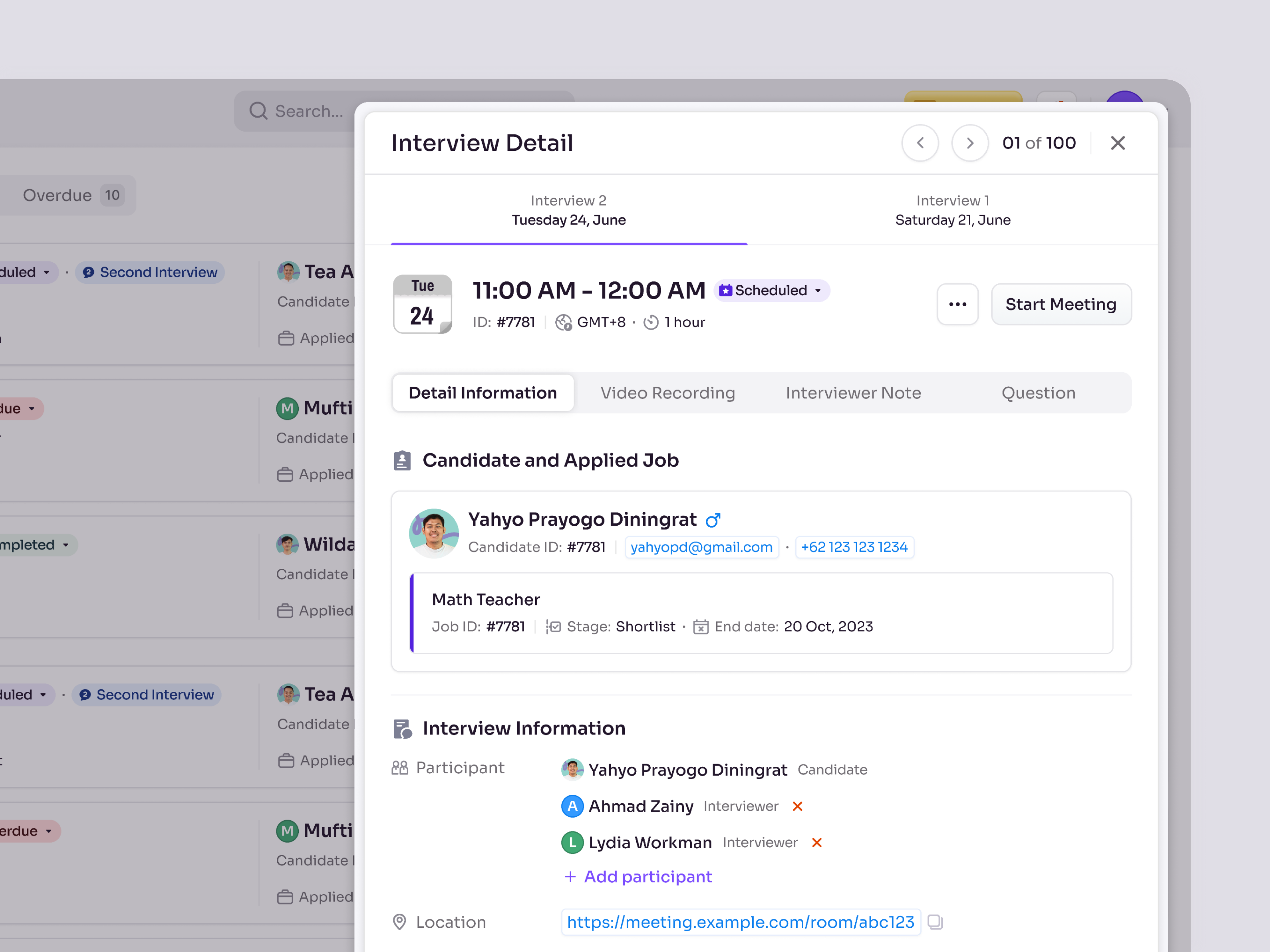 RecruitSmart — Candidate Interview Details in SaaS HRM candidate dashboard education employee management hr hr management hr platfrom hr system hrd hrm human resources job product design recruitment management saas saas design school management ui ux web app
