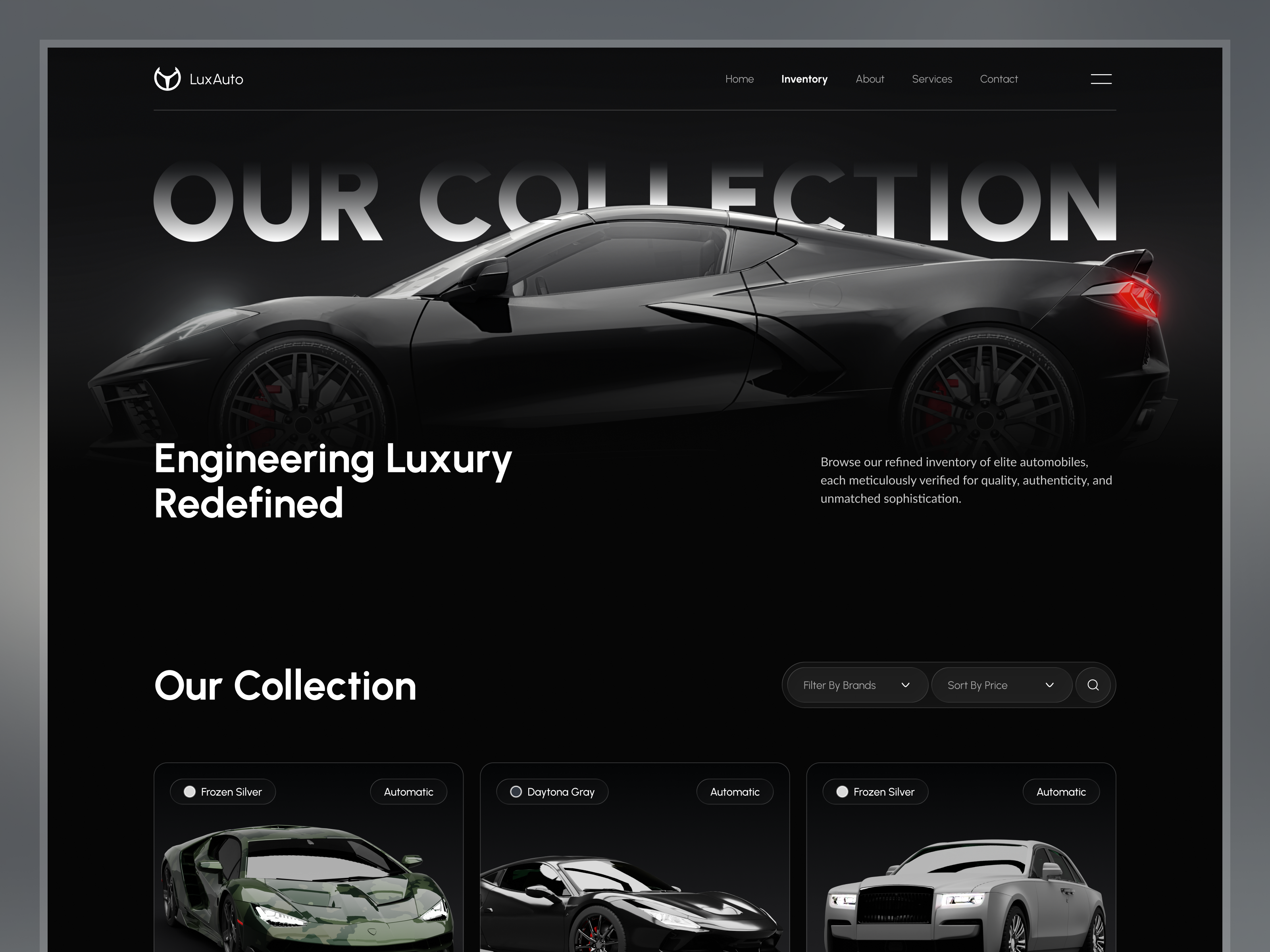 Automotive E-commerce UI — Premium Car Showcase automotive automotive website redesign car inventory car marketplace car website redesign dealership website design ecommerce ui figma design luxury ecommerce website luxury redesign luxury website premium redesign product startup ui vehicle showcase web website redesign