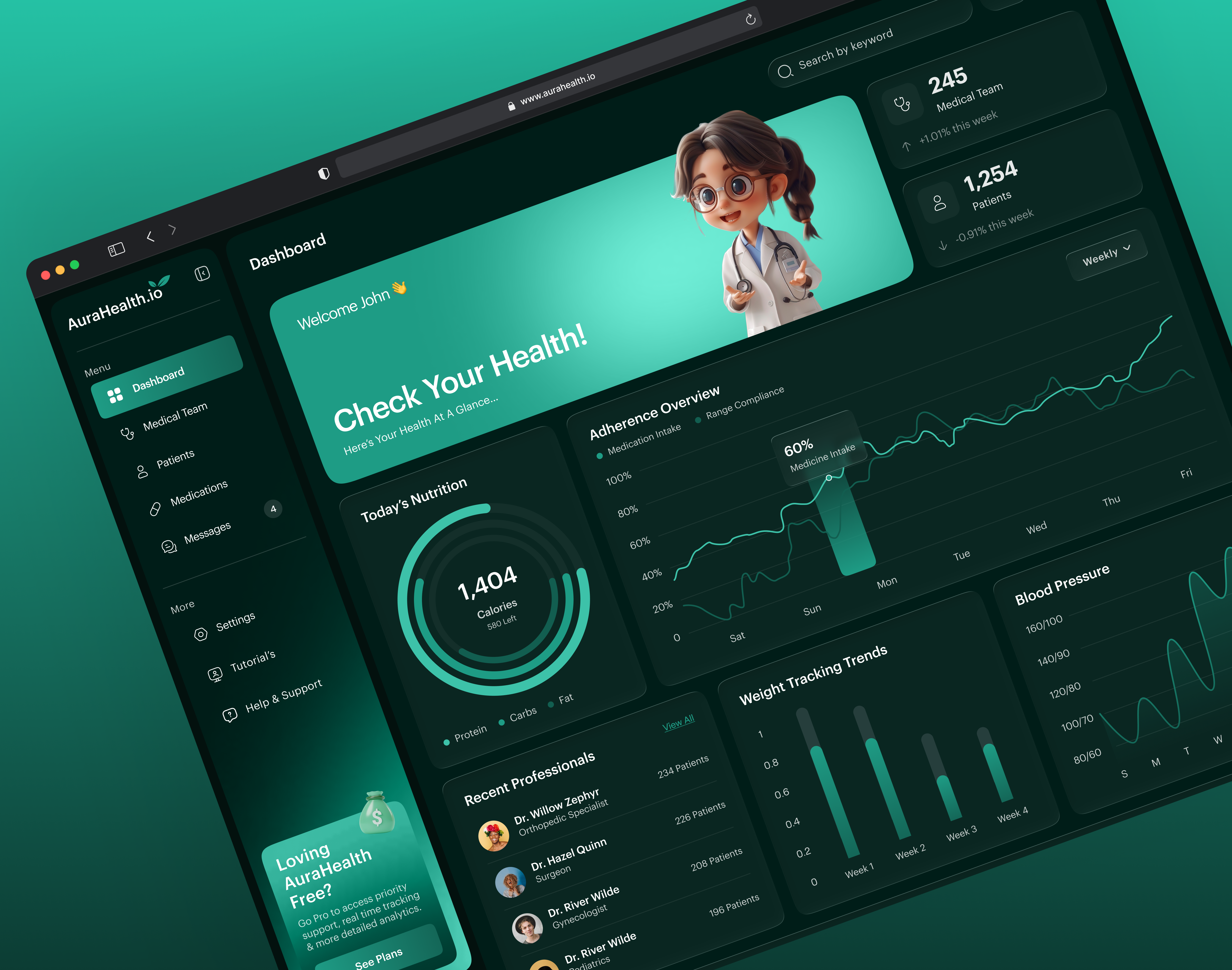 Aura Health darkmodedashboard healthcare dashboard healthwellness medicalportal ui uxuidesign wellnessdashboard