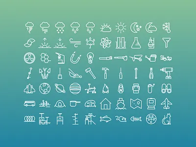 Icon Set adventure camping cats icons lawn care planets rain science tools travel weather