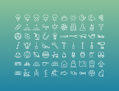 Icon Set adventure camping cats icons lawn care planets rain science tools travel weather