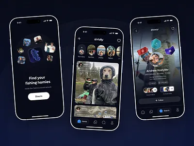 Catchy | Mobile App for Fishing Community app design catchy community app dark app dark palette dark ui faf fishing fishing app glass effect hobby app mobile app modern ui posts social app social feed social network stories ui uiux