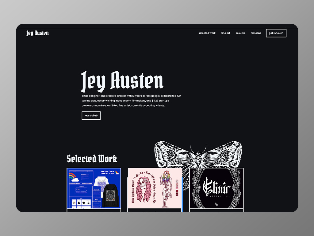 Portfolio website for artist ✦ Jey Austen art artist artist portfolio website artist website framer templates framer website design graphic design graphic designer jey austen personal protfulio website portfolio website profolio retro website web devalopment webflow wesite development wordpress