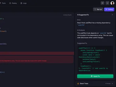 AI Debugging Tool — Developer Error Detection UI ai assistant ai tools code editor dark mode debugging developer tools devtools product design programming saas ui software engineering web app ui