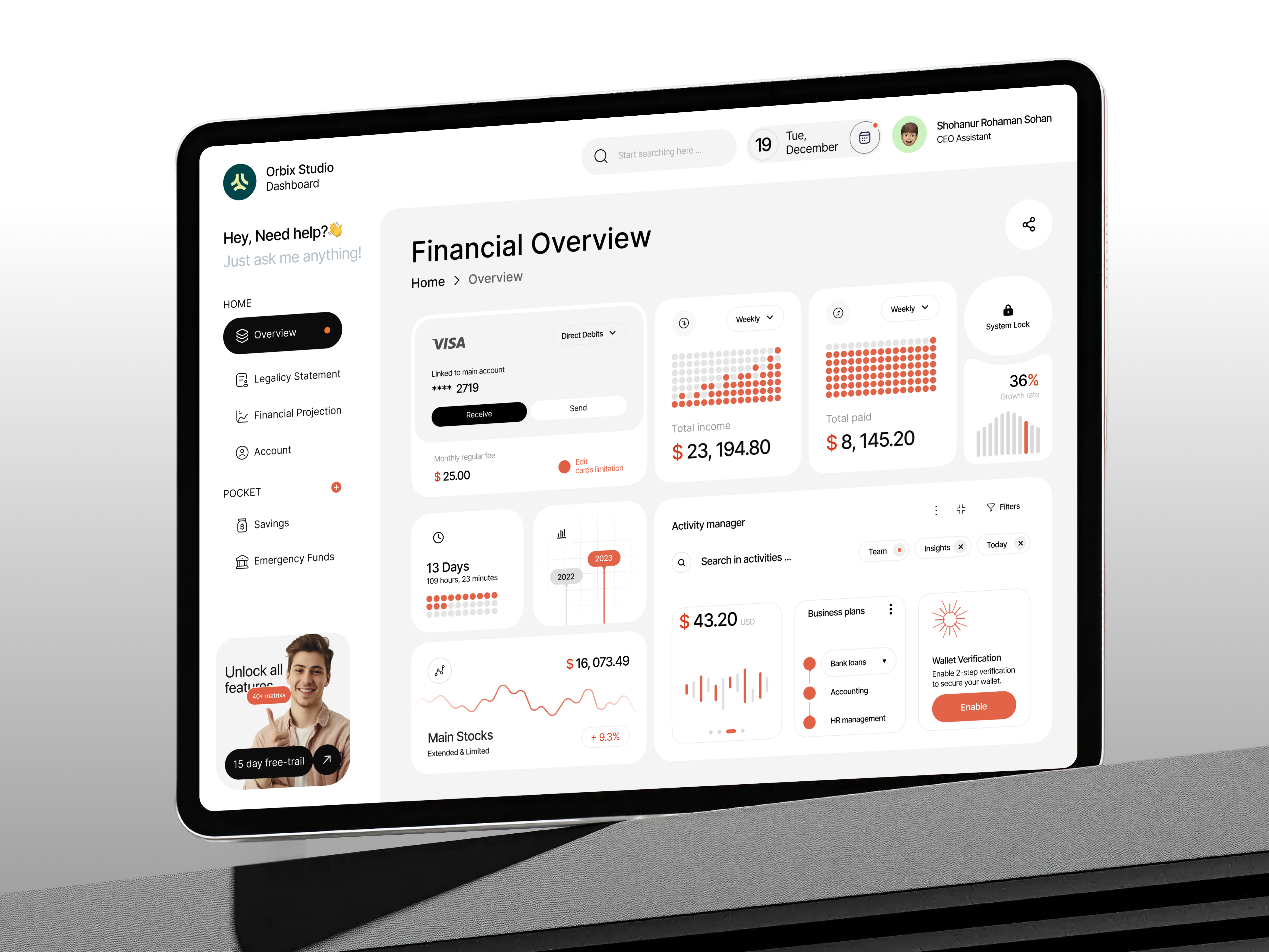Financial Overview & Activity Dashboard activity manager card ui stock tracker clean ui corporate dashboard dashboard dashboard design dashboard ui data visualization figma design finance dashboard fintech light mode modern ui product design saas design ui design uiux financial app web dashboard web design