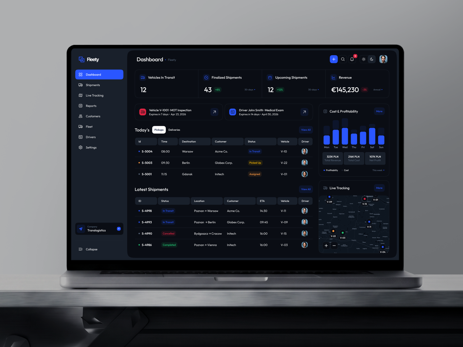 Fleety — TMS Dashboard • Dark Mode admin panel analytics b2b clean ui dark mode dark ui dashboard dashboard design data visualization enterprise fleet management logistics minimal productivity saas tms tracking ui design ux design web app