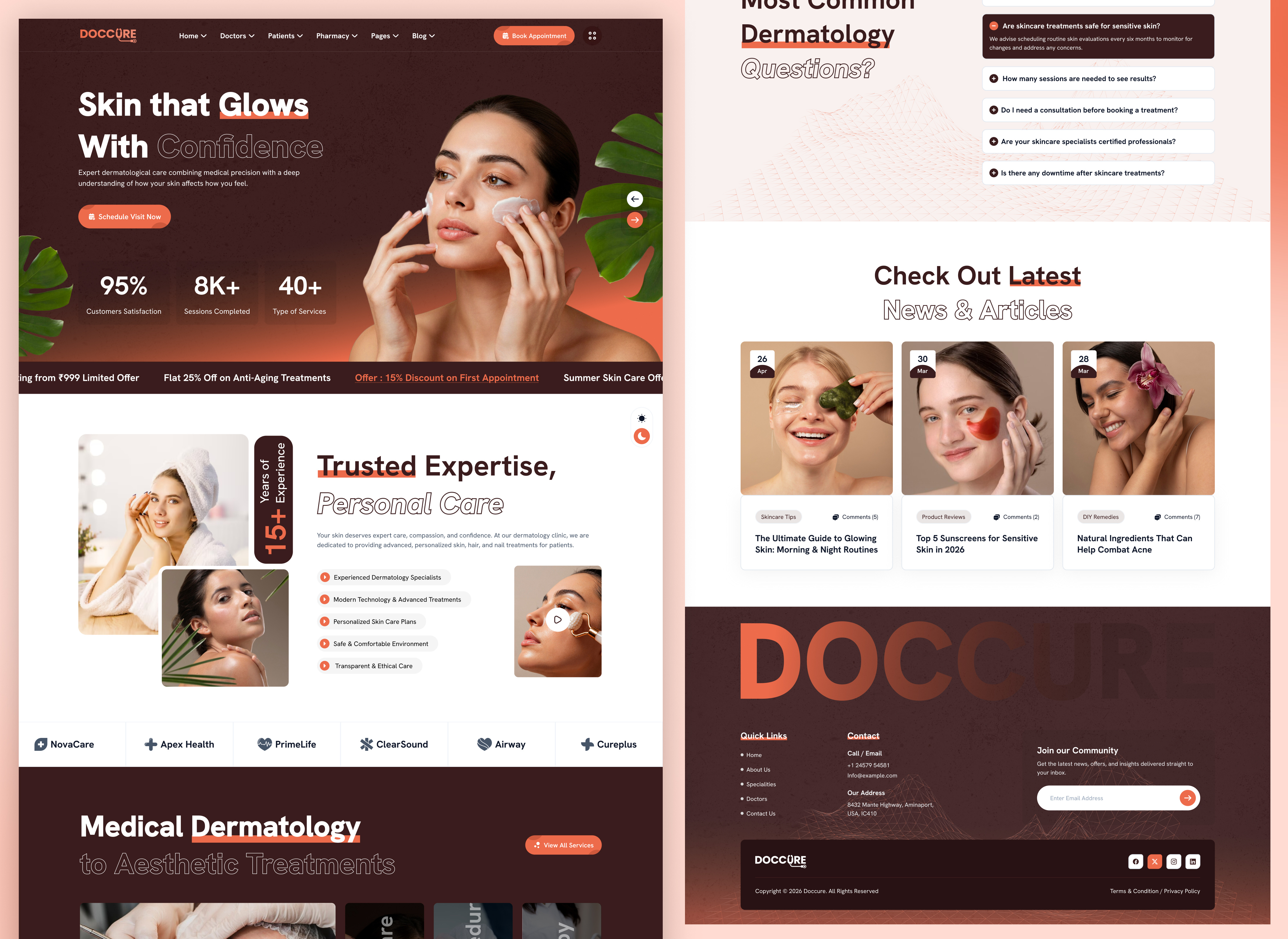 Dermatologist Clinic Website Template Healthcare UI | Doccure aesthetic clinic design clinic website design cosmetic clinic ui dermatologist ui dermatology website doctor appointment ui doctor profile ui health app design healthcare saas ui healthcare ui design hospital dashboard medical dashboard ui medical website template modern medical template patient booking system responsive healthcare design skin care app ui skin treatment website telemedicine ui ui ux healthcare