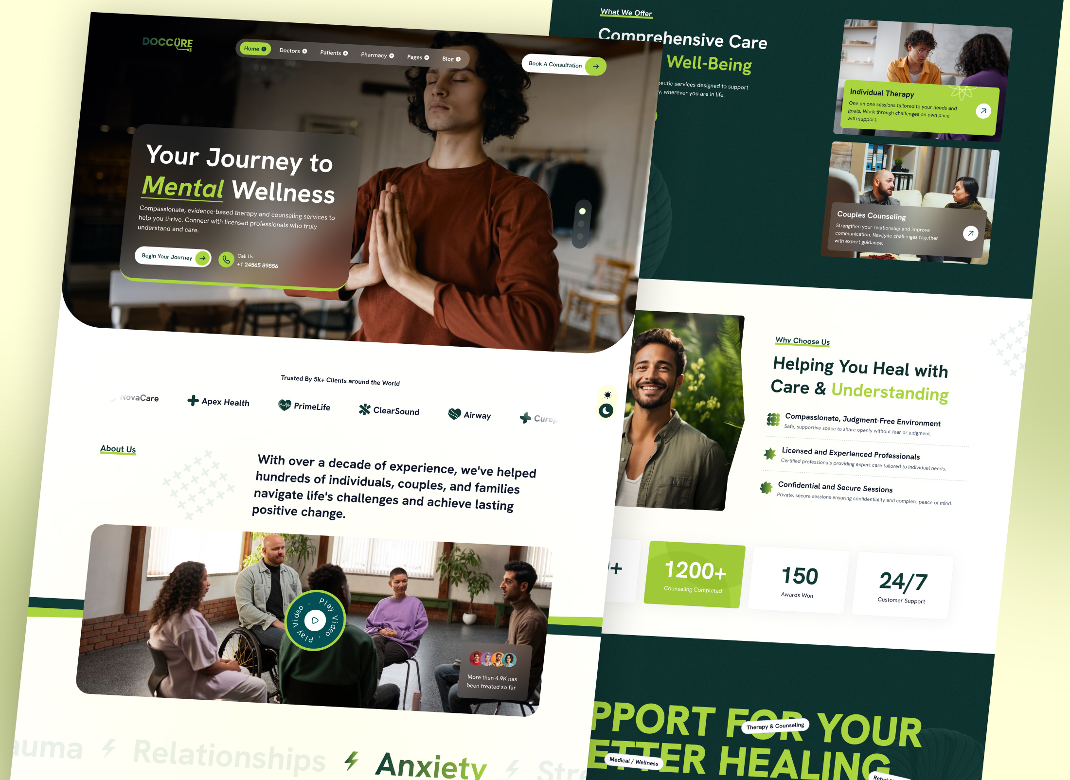 Mental Health Therapy Website UI Healthcare Design | Doccure clinic website design counseling website doctor appointment ui healthcare saas ui healthcare ui design healthcare website template medical ui design mental health app ui mental health website mental wellness ui modern healthcare template patient booking system psychologist website responsive medical design teletherapy ui therapist website template therapy dashboard ui therapy ui design ui ux healthcare wellness platform ui