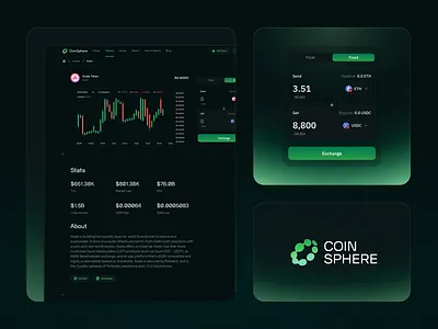 CoinSphere - Website Exchange bitcoin crypto dark defi design exchange fintech form green logotype market product design saas swap trading ui ux usdc wallet web web3