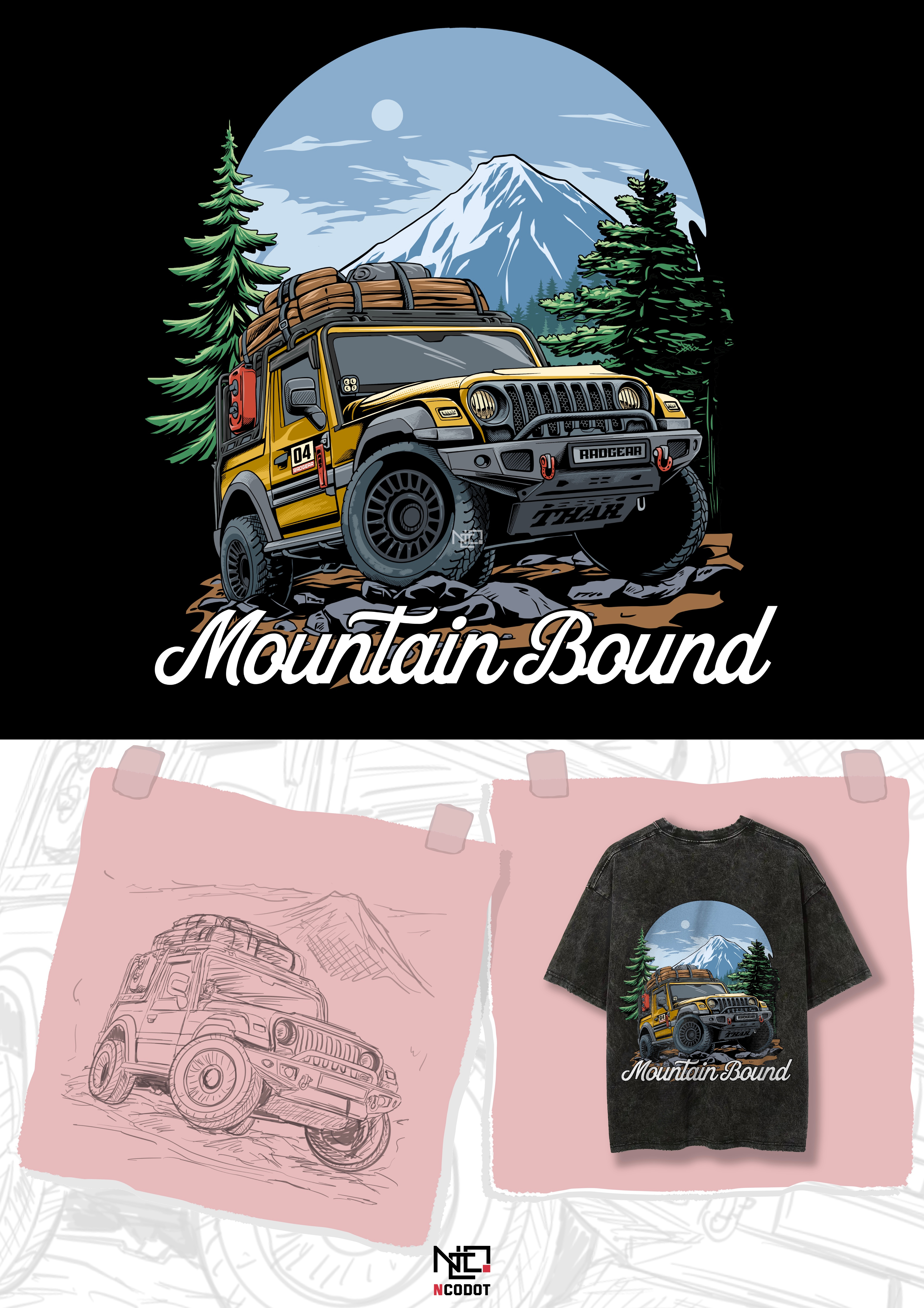 Mountain bound - RadGear apparel adventure apparel artwork brand car car illustration design graphic design illustration jeep mountain offroad outdor overland poster retro design screenprinting tshirt design vintage