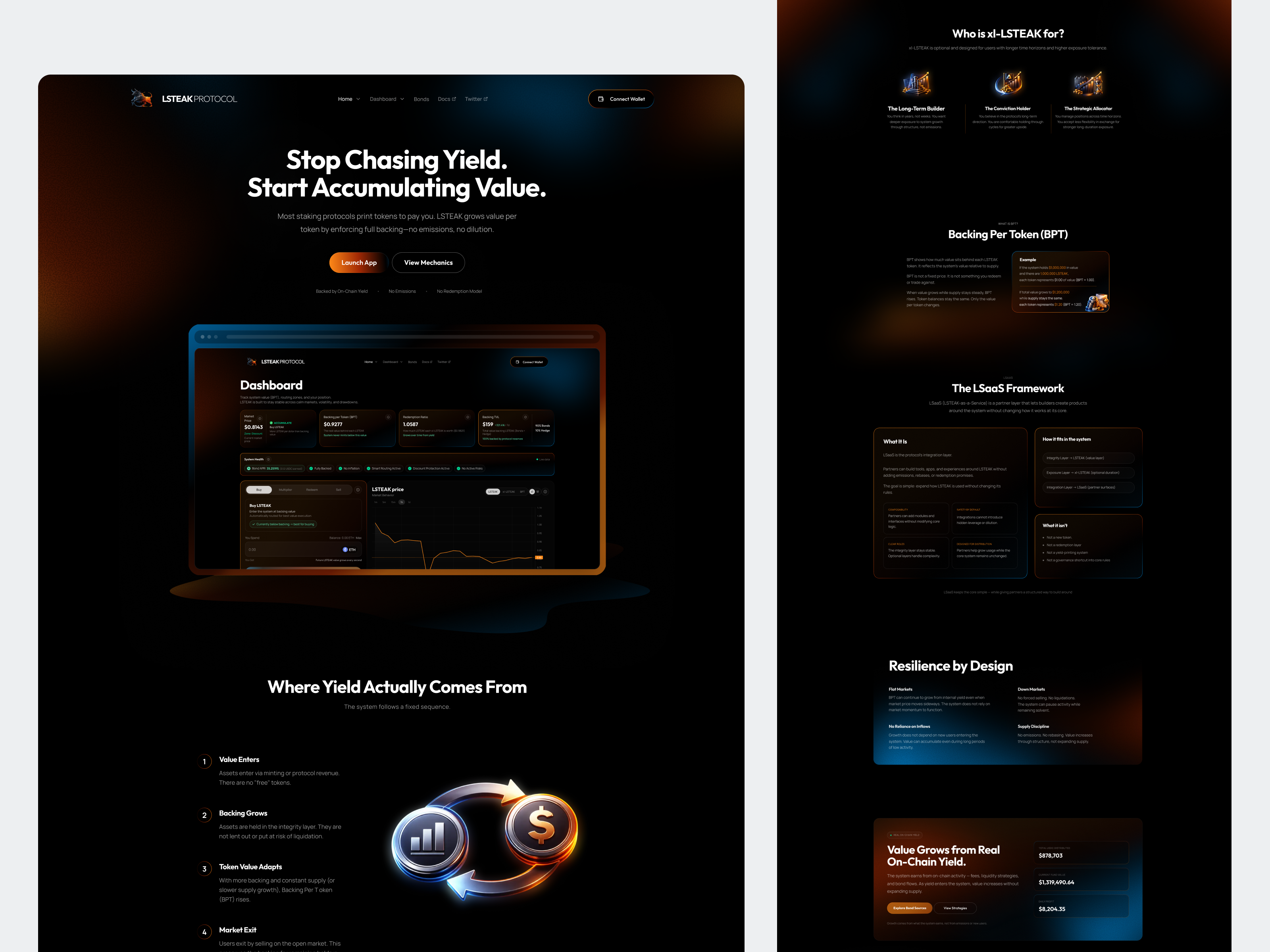 LSTEAK Protocol — Value Accumulation Landing (Dark Glass UI) blockchain crypto dark ui dashboard ui defi figma fintech glassmorphism landing page product design web3