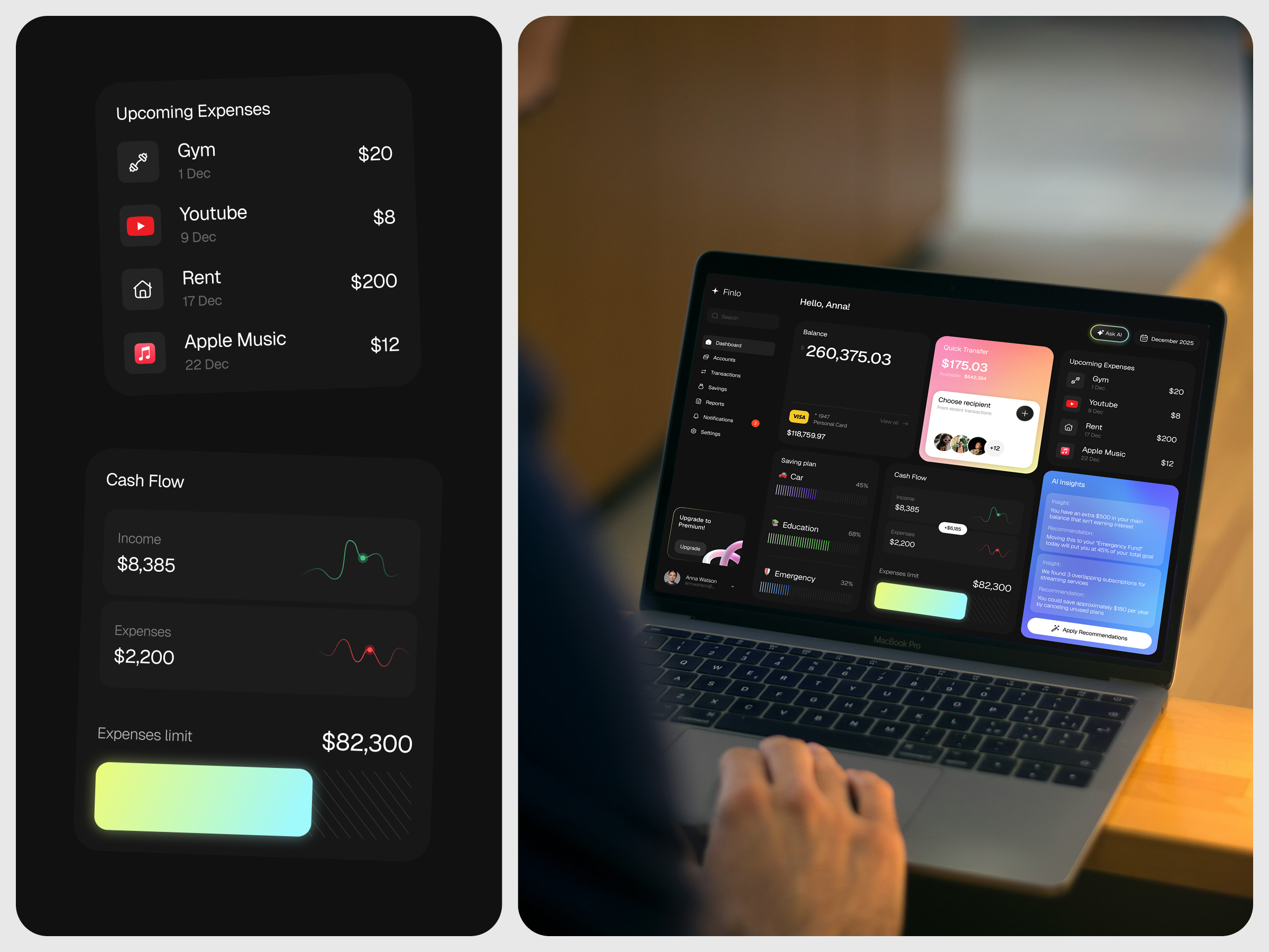 Example of AI Personal Finance Dashboard (Dark UI)