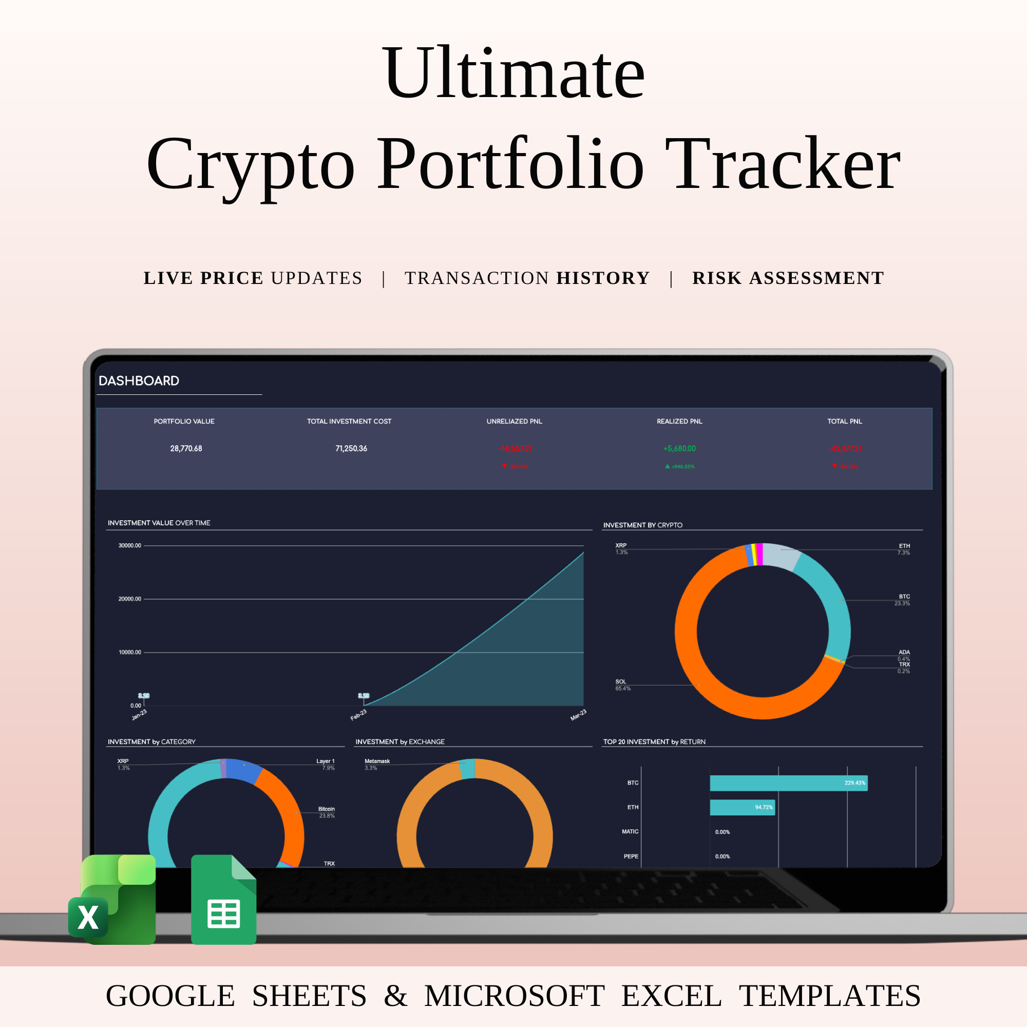 Ultimate Crypto Portfolio Tracker | Dark Mode altcoin portfolio bitcoin tracker crypto analytics crypto dashboard crypto management crypto organization crypto portfolio crypto profit loss crypto spreadsheet crypto strategy dark mode ui digital assets excel trading journal finance template financial planner google sheets template investment tracker passive income tool portfolio management trading spreadsheet