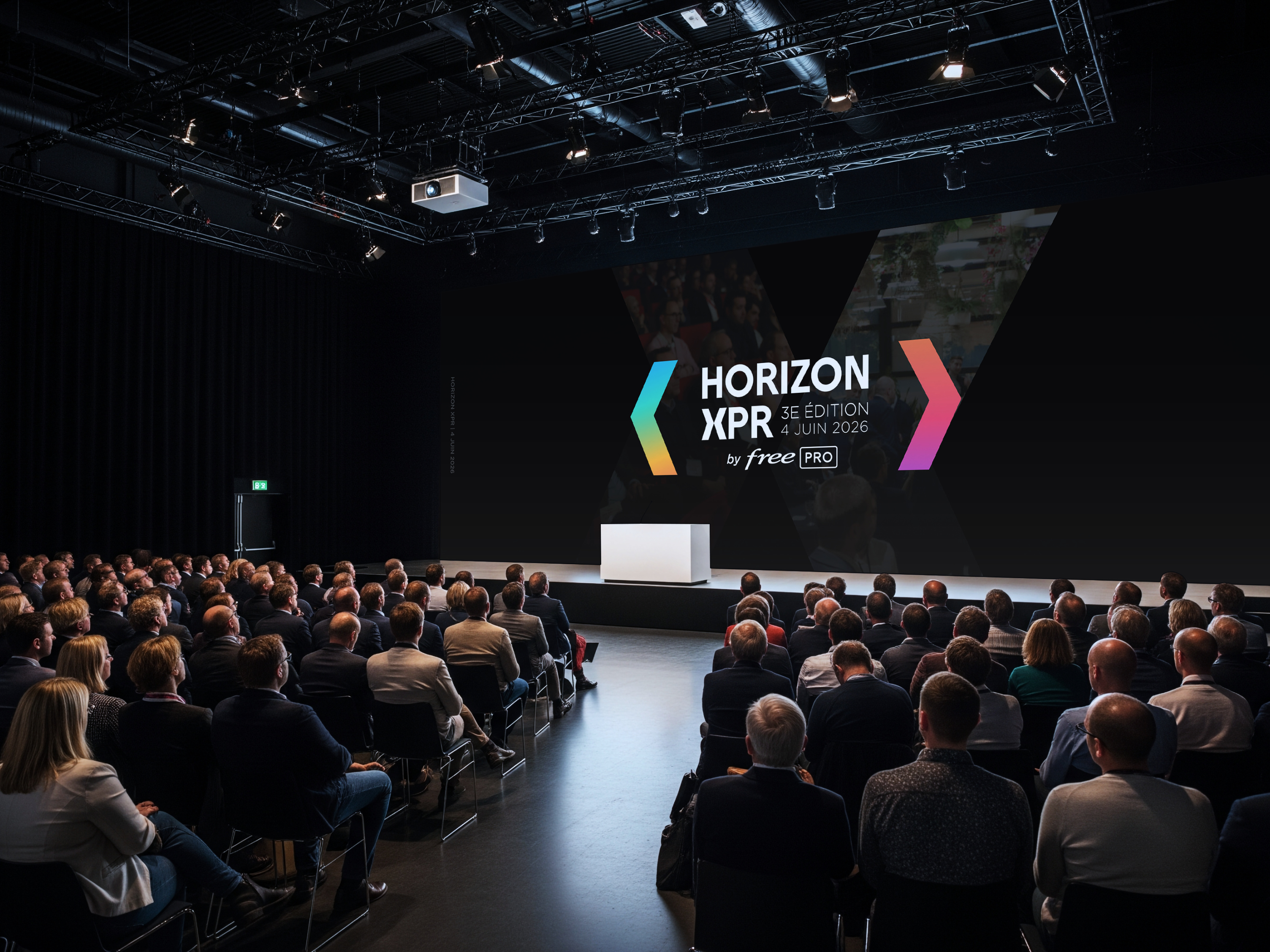Horizon XPR - Tech Conference Branding b2b cloud conference crowd barrier crown barrier banner cybersecurity event id card identity landing page conference logo tech conference branding événementiel