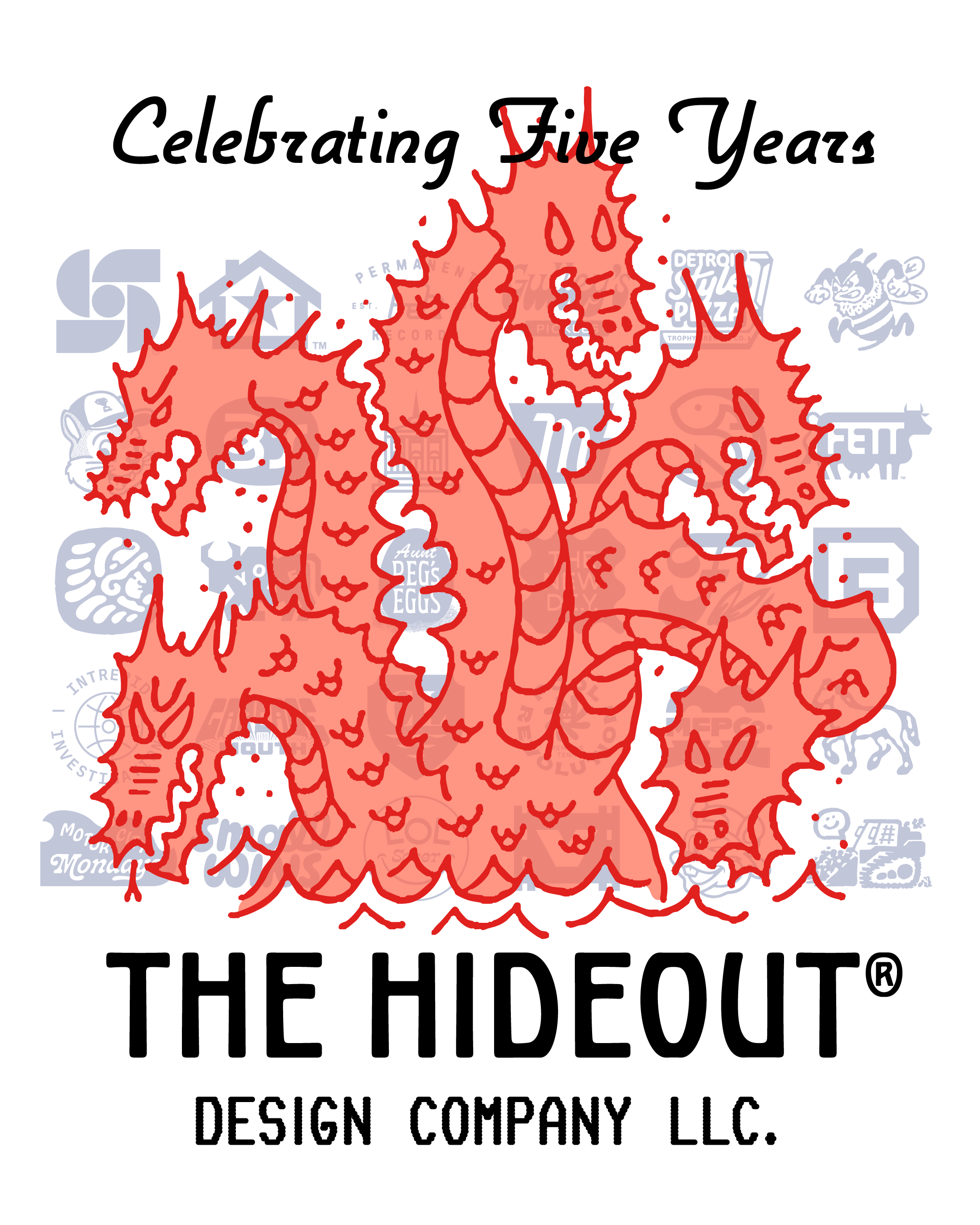 The Hideout 5 Year Anniversary branding design dragon hydra illustration lettering linework logo pizzza type